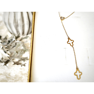 Naszyjnik krawatka z sercem i krzyżykami